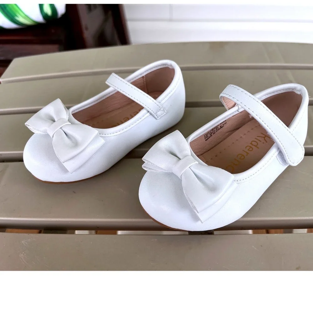 Kiderence Kids White Mary Jane Bow Flats Hook Loop Strap Size 5 (baby)